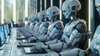 Humanoid robots artificial intelligence working in an office instead of human in front of computers 