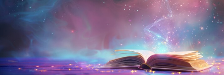 Mystery open book with shining light. Fantasy book with magic light and stars on a table with violet background and copy space