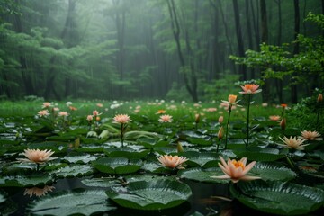 A beautiful pond of water lilies in a lush green forest with rain falling