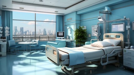 b'A hospital room with a bed, a chair, and a table'