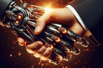 Fototapeta premium An epic handshake between a robot and a human, a spark passes between the hands.
