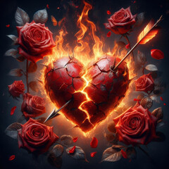 The human heart is pierced by an arrow and burns with fire among red roses.
