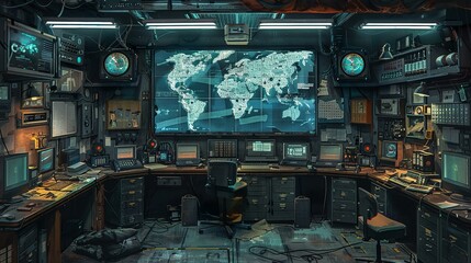 b'Futuristic command center with world map'