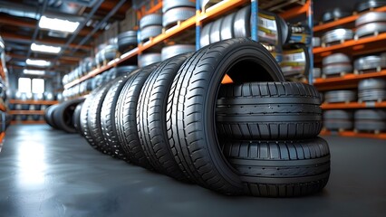 Row of car tires at an online tire warehouse for automotive needs. Concept Online Shopping, Automotive, Car Tires, Warehouse, Transportation
