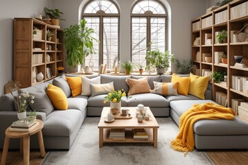 b'A cozy living room with a large gray couch, yellow pillows, and plants'