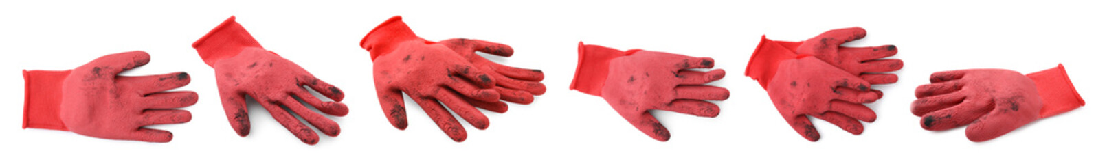 Dirty gardening gloves isolated on white, set