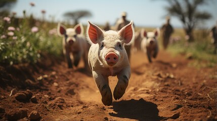 b'Piglets running in a field'