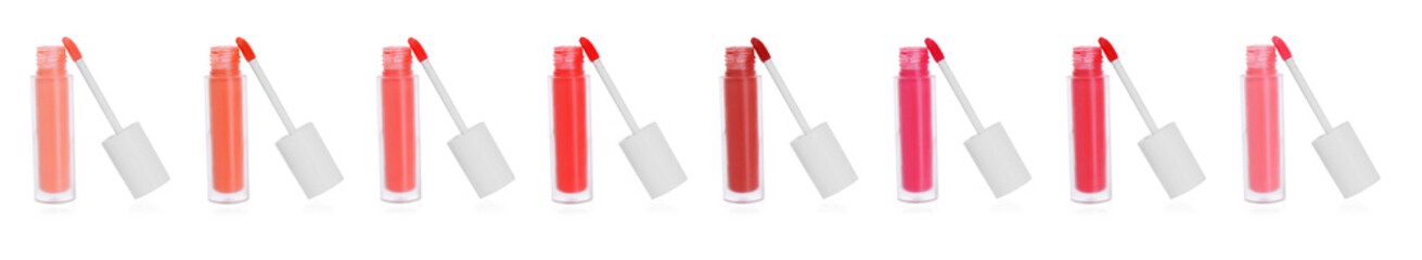 Lip glosses in different colors isolated on white, set