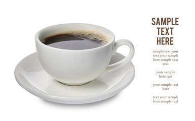 Aromatic coffee in cup and text sample on white background