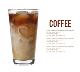 Aromatic coffee with ice cubes in glass and text sample on white background