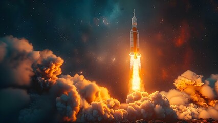 Strategic Rocket Launch Concept: A Symbol of Innovative Corporate Startup Fostering Leadership and Growth. Concept Corporate Innovation, Startup Leadership, Growth Strategies