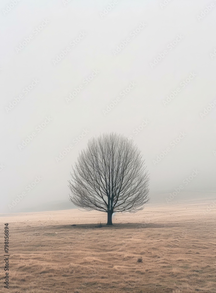 Poster b'single tree in the middle of a large grass field on a foggy day'