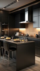 Fototapeta premium b'Black kitchen island with wood accent wall and stainless steel appliances'