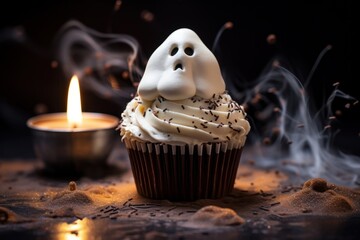 a cupcake with a ghost on top - obrazy, fototapety, plakaty