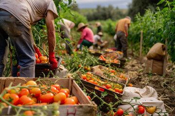 group working together pick tomatoes field harvest boxes baskets ground