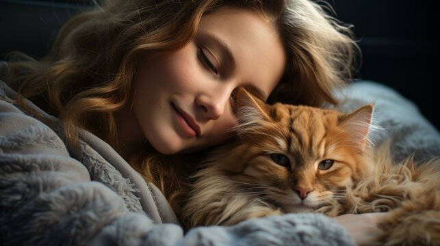 b'A ginger cat and a woman'