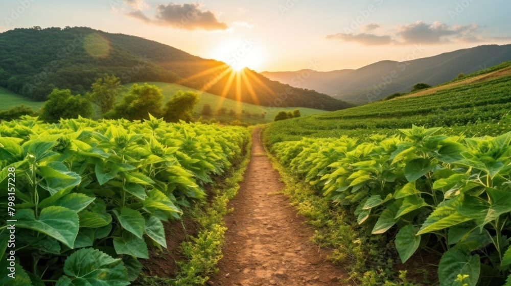 Canvas Prints a dirt path through a field of green plants