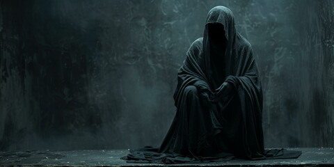 A dark figure sits on a wooden box in a dark room