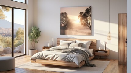 Fototapeta premium b'Wooden bed frame with white bedding in a bright room with a large painting of a foggy forest on the wall'