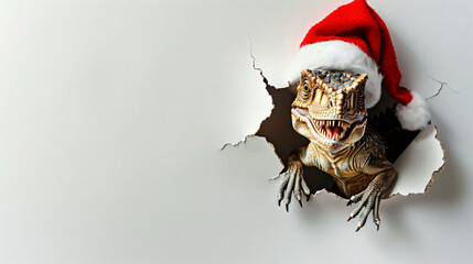 Charming dinosaur Santa peeking out from a hole