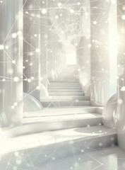 b'Futuristic Sci-Fi Stairway With Glowing White Spheres And Plexus Network'