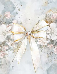 Luxury White and Gold Color Ribbon with Flower Design Vintage Paper l Romantic Atmosphere Golden Floral Background Wallpaper l Moody Art Image for Scrapbook Journal Book Cover Commercial Use