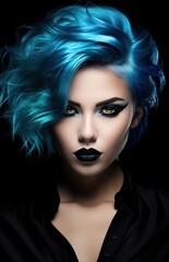 a woman with blue hair and black lipstick