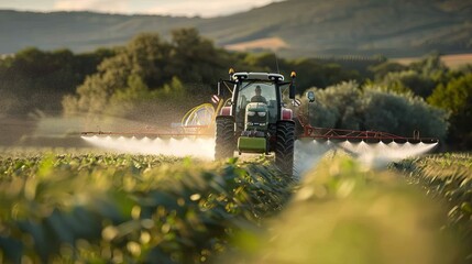 b'Tractor spraying pesticides on a corn field' - obrazy, fototapety, plakaty