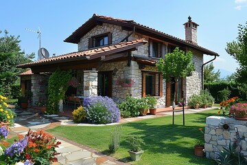Obraz premium b'A beautiful stone house with a garden'
