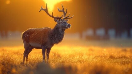 Obraz premium b'A majestic red deer stands in a field of golden grass at sunrise'