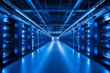 b'Blue and black colored server room with bright lights'