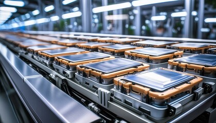 Mass production assembly line of electric vehicle battery cells close-up view
