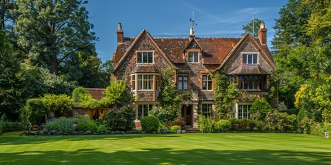 b'A beautiful stone house with a large garden'