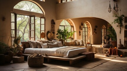b'Earthy bedroom with large windows and a comfortable bed'
