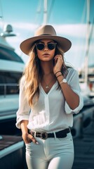 b'Blonde woman in a hat standing on a dock'