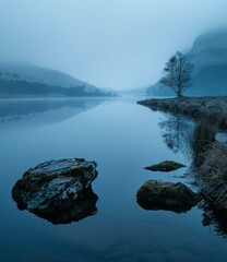 b'A tranquil lake in the early morning mist'