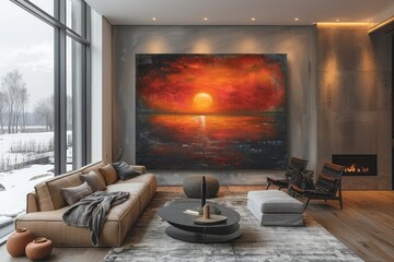 Living Room With Large Painting on Wall