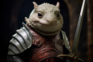 a lizard in armor holding a sword