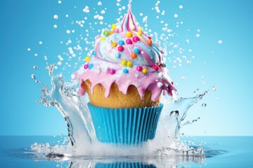 a cupcake with sprinkles and sprinkles splashing into water - obrazy, fototapety, plakaty