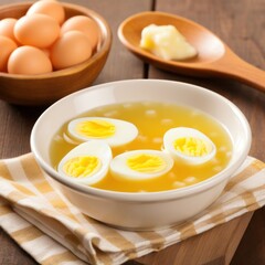 a bowl of soup with eggs in it