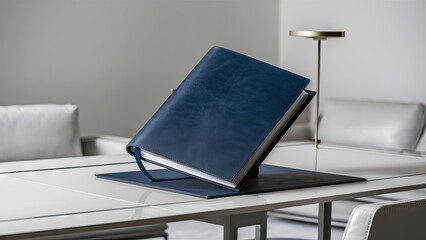  A stunning image of a pristine blue leather folder elegantly positioned on a pristine white desk in a minimalist room.