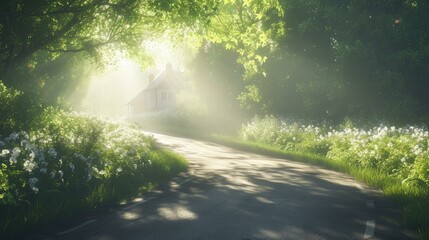 b'Country road through a lush green forest with white flowers on both sides and a small house in the distance'