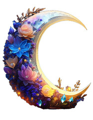 Magical moon with flowers and crystals, mystical fantasy artwork, illustrations.
