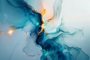 Abstract blue aqua and gold foil fluid art. Modern liquid marble design for creative backgrounds and wallpapers.  Image for use in interior design with copy space. - obrazy, fototapety, plakaty