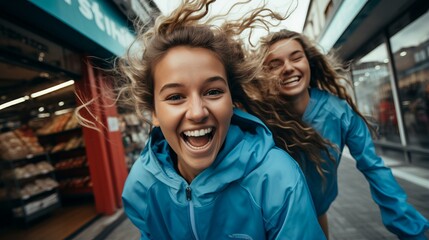 b'Two young women with long blonde hair running down a city street and smiling happily' - obrazy, fototapety, plakaty