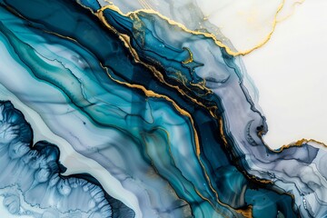 Abstract blue aqua and gold foil fluid art. Modern liquid marble design for creative backgrounds and wallpapers.  Image for use in interior design with copy space.