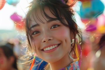 A photo of a young woman from Asia smiling in front of a colorful background