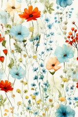 b'Watercolor Floral Seamless Pattern with Orange, Blue, and Yellow Flowers'