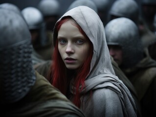 Fototapeta premium a woman with red hair and a grey robe with a group of people in helmets