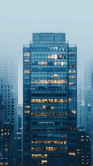 b'Blue skyscraper reaching into the foggy sky'